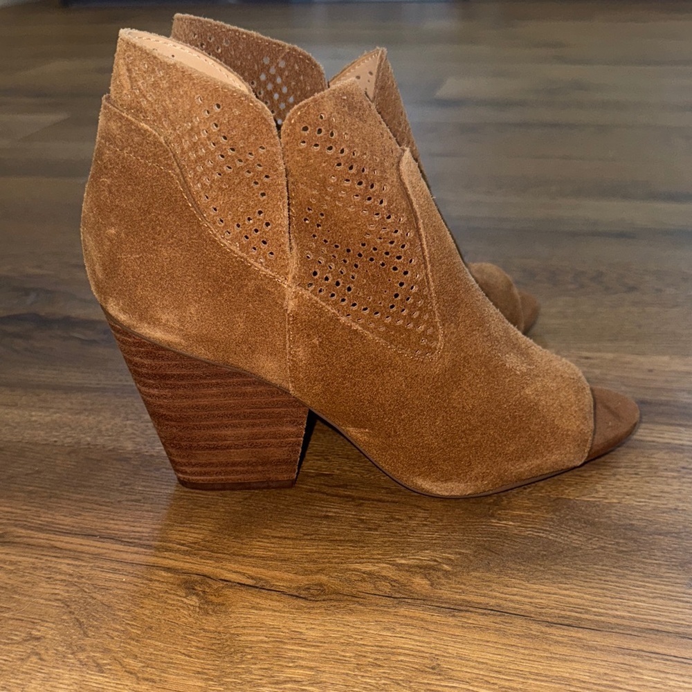 Brown suede peep toe ankle boots